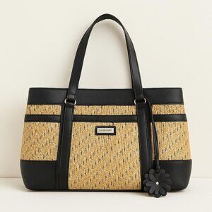 Nine West Woven Straw & Black Faux Leather Tote Bag with Flower Charm
